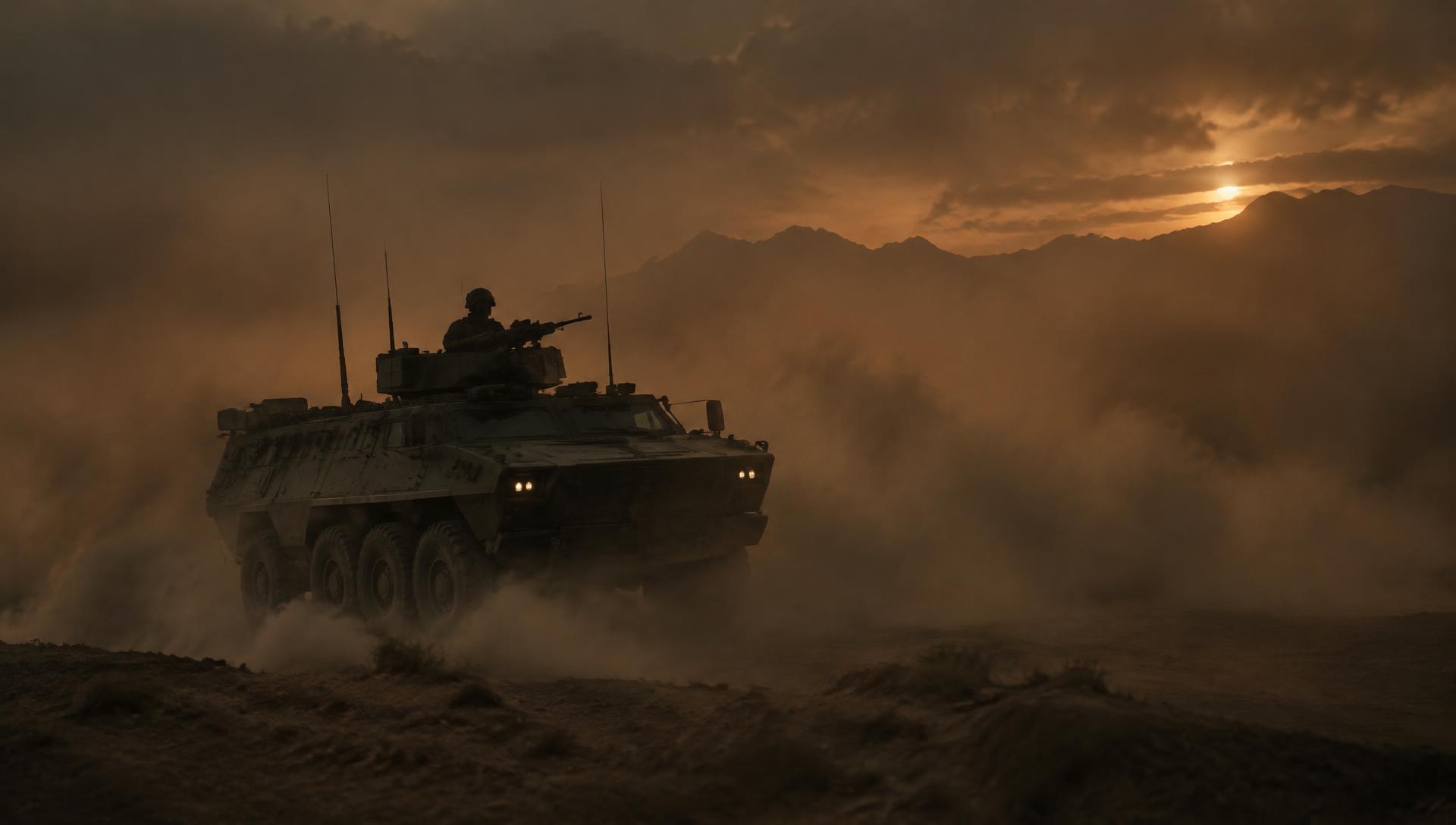 Armored vehicle crossing a desert dust storm